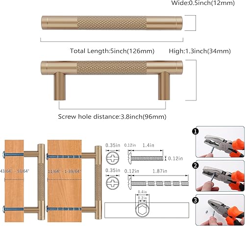 Miniatura 2 de Paquete de 10 tiradores moleteados de bronce champán de 3.75 pulgadas de centro a centro, manijas de gabinete de cocina, herrajes para gabinetes,