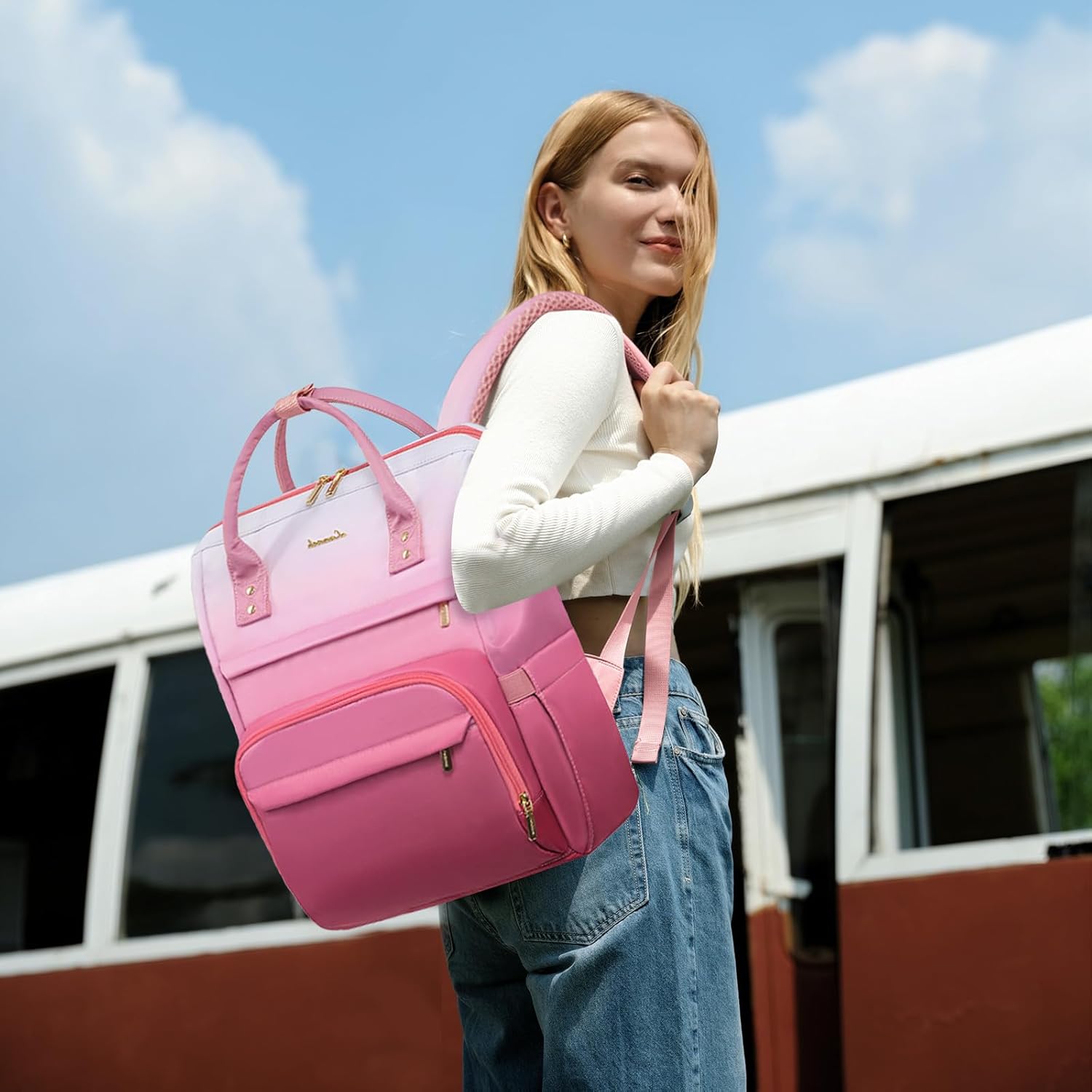 LOVEVOOK Gradient Laptop Backpack for Women,15.6 Inch Work Computer Bakcpack Purse Laptop Bag With Anti-Theft Pocket,Waterproof Carry on Teacher College Backpack for Travel,Pink-White - Image 2