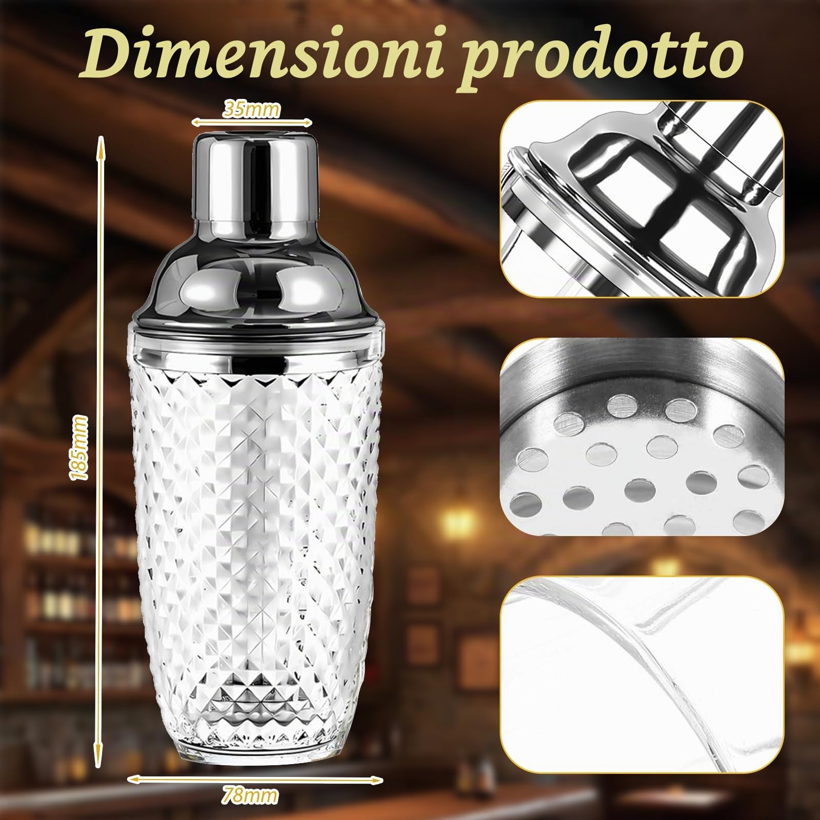 Shaker da Cocktail 400 ml, Set di shaker per cocktail in Acciaio inox e Vetro, Shaker con colino misurino e cucchiaio per casa, bar, vino, succhi di frutta misti, bevande (Argento-1)