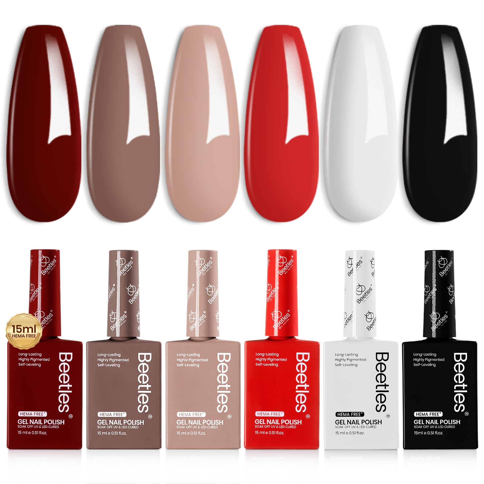 Beetles Hema-Free Gel Nail Polish Set - 6 Colors 15ML Brown Burgundy Black White Red Nude Soft Classics Polish Soak off Uv Led Lamp Nail Art Salon