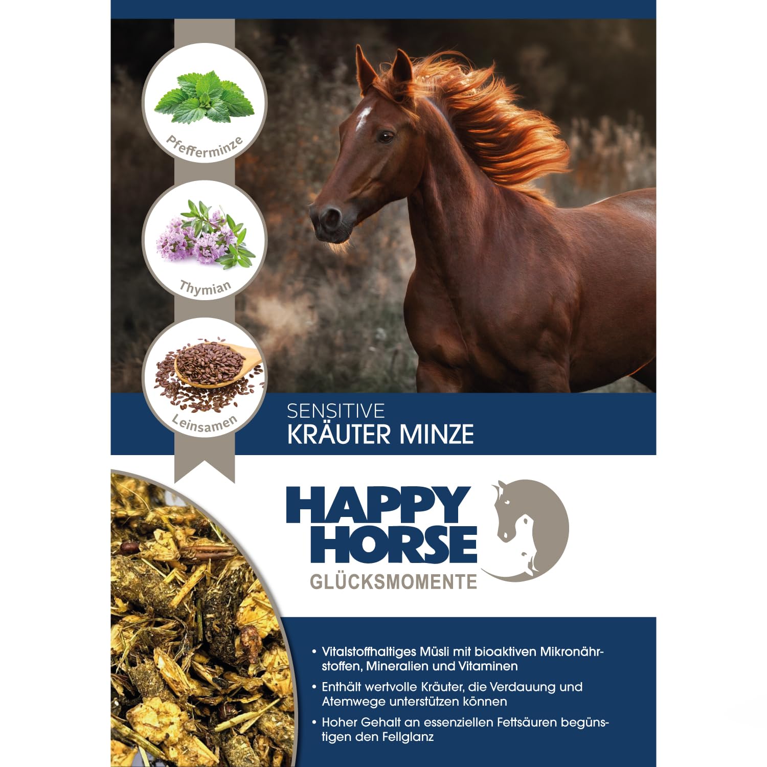HAPPY HORSE Sensitive Kräuter Minze 2 x 14 kg – Pferdefutter zur Unterstützung der Atemwege - Mit Fenchel, Kamille und Rosmarin - Mineralstoffreiches Ergänzungsfutter für Sport- & Freizeitpferde