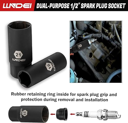 Miniatura 5 de LLNDEI Juego de llaves de impacto profundas de 1/2 pulgada, 37 piezas estándar SAE 3/8" a 1-1/4" métrico 8 a 24mm, incluye llave de bujía