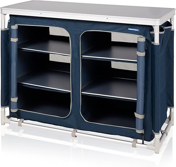 Campart Camping Kitchen Bilbao - 2 Compartments with 3 Shelves Each - 4 Side Pockets - 4 Adjustable Feet - Including Carry Bag - Blue - KI-0411, Anthracite