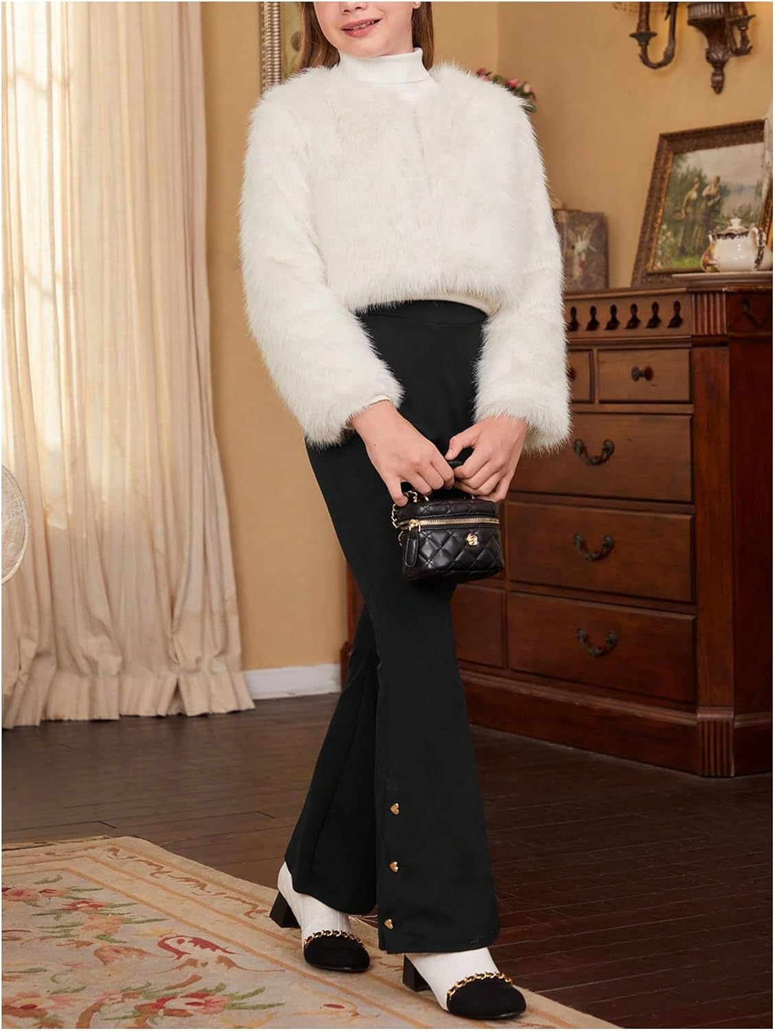 Verdusa Girl's Faux Fur Jacket Fuzzy Winter Coat Furry Open Front Jackets Drop Shoulder Outerwear