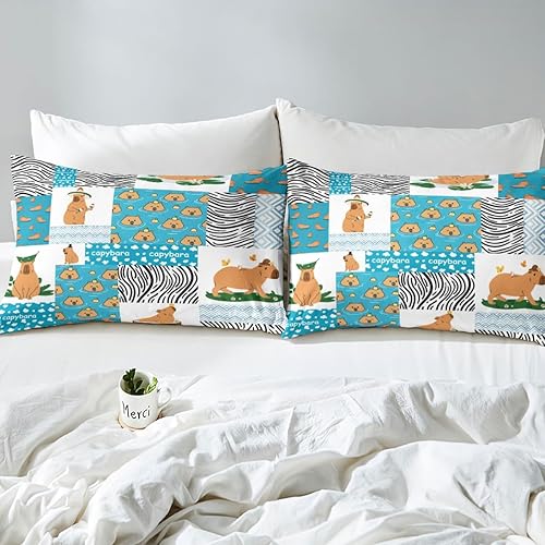 Miniatura 4 de Juego de funda de edredón Kawaii Capybara de dibujos animados de animales de dibujos animados, funda de edredón a cuadros azules, tamaño Queen,