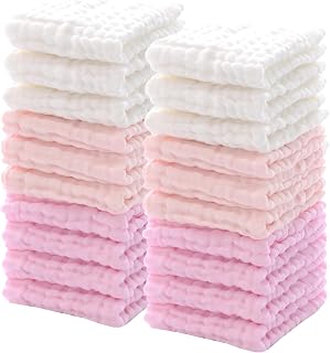 Breling 20 Pcs Baby Muslin Washcloth 12x12 in, Powder Pink, White, Pink | 100% Cotton,Soft and Absorbent Burp Cloth, Wipe Newborn Face Body Towel, for Baby Boy Girl Sensitive Skin