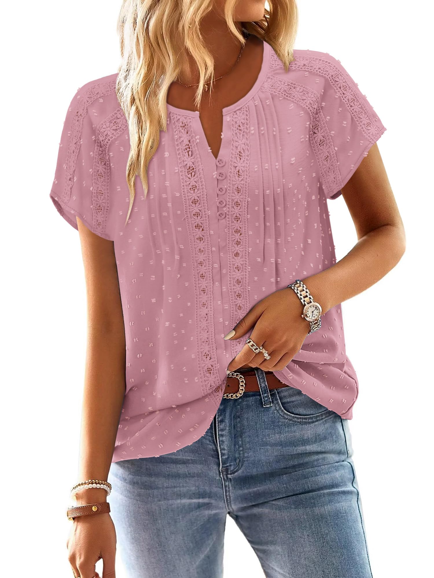 BETTE BOUTIK Women Short Sleeve Boho Tops Summer Dressy Casual Shirts Trendy Western Blouses