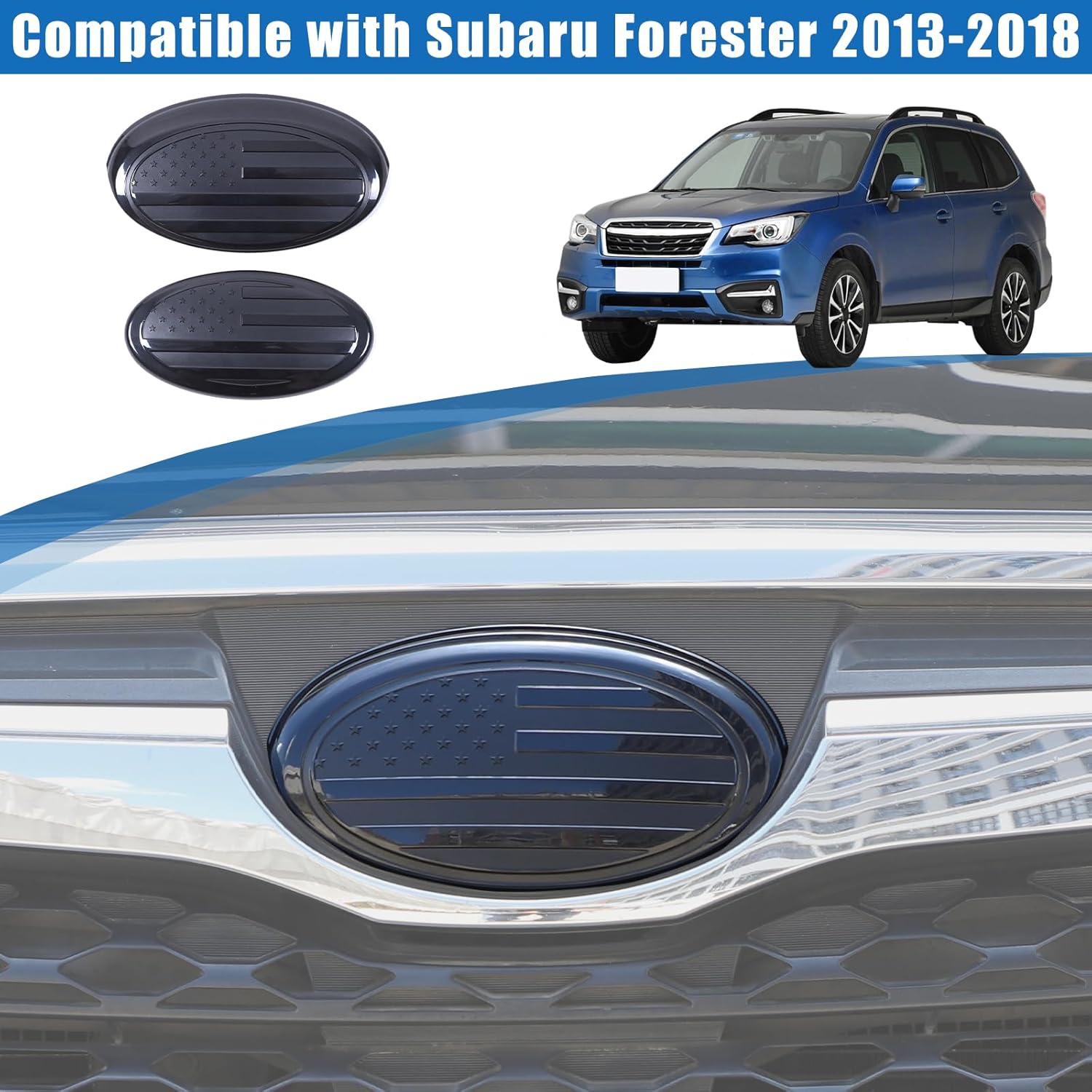 Car Front Rear Emblems Trim Cover Compatible with Subaru Forester 2013-2018，ABS Car Front Rear Logo Trim Cover，Front Grille and Tailgate American Flag Decoration Emblems Accessories (2013-2018)