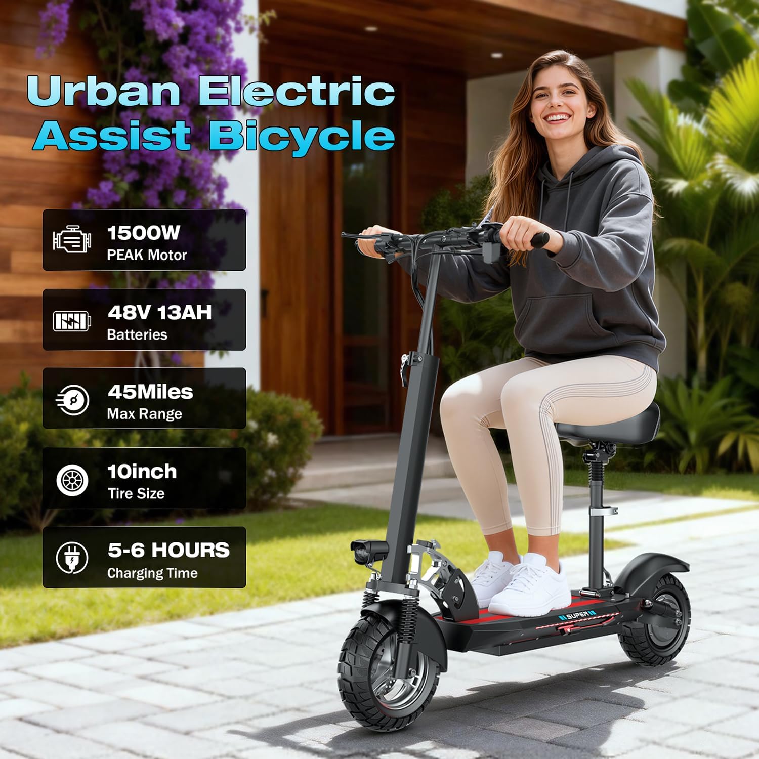 Electric Scooter for Adults with Seat, 1500W Peak Motor, 26Mph 45 Miles Range Foldable Escooter with 48V 13AH Battery, Dual Suspension, 10" Heavy Duty 300+ lbs Commuter E Scooter