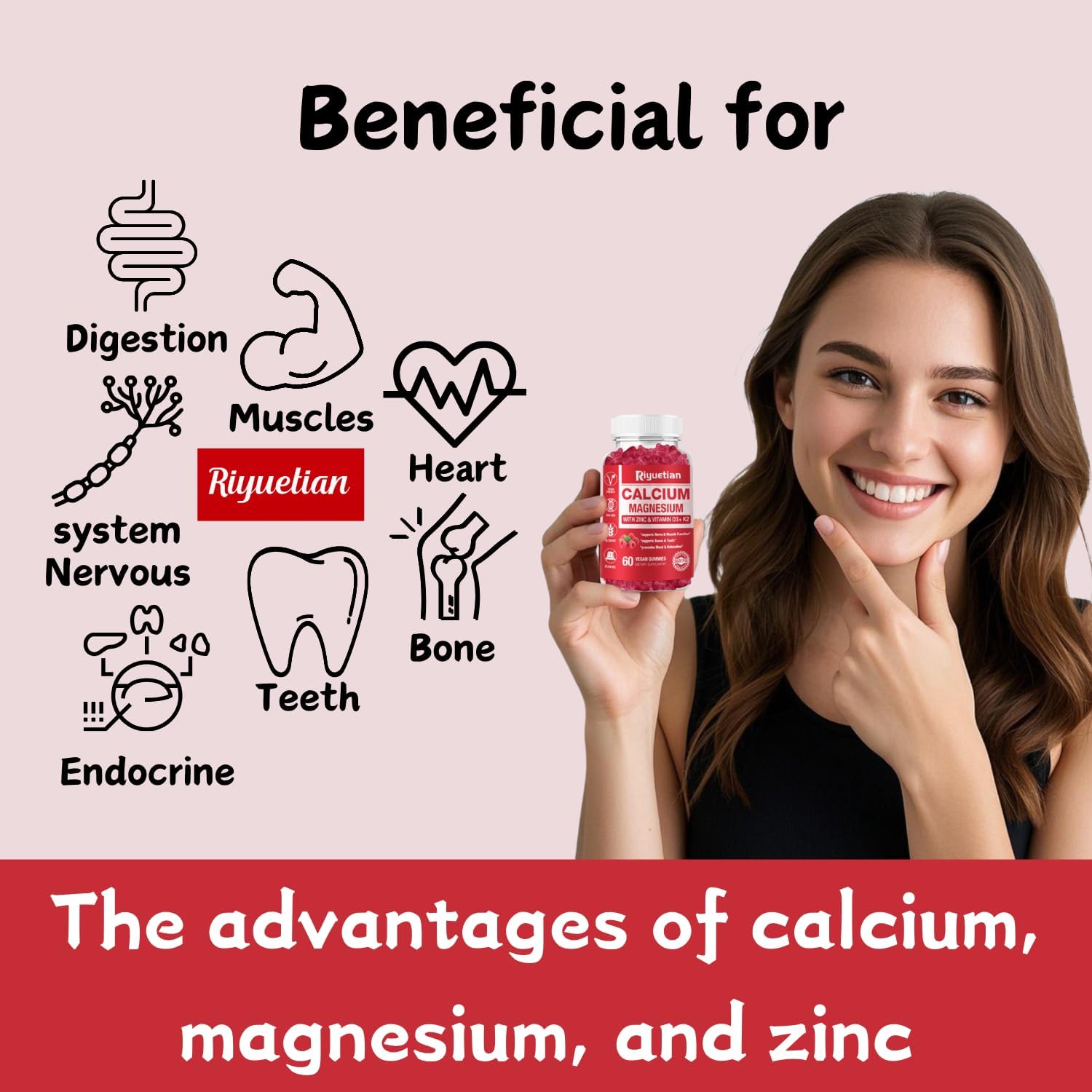 Calcium Gummies + Magnesium & Zinc with Vitamin D3 & K2, High Absorption Calcium Supplement for Bone, Teeth & Immune Support, Non GMO, Vegan, 120 Count