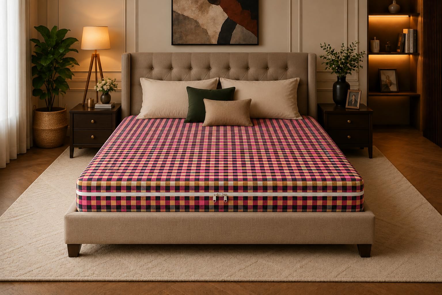 Soft Touch Cotton Mattress Protector | King Size 75x60x6 Inch | Premium Zip Cover 5.5X6 (Pink Check)-picture-12