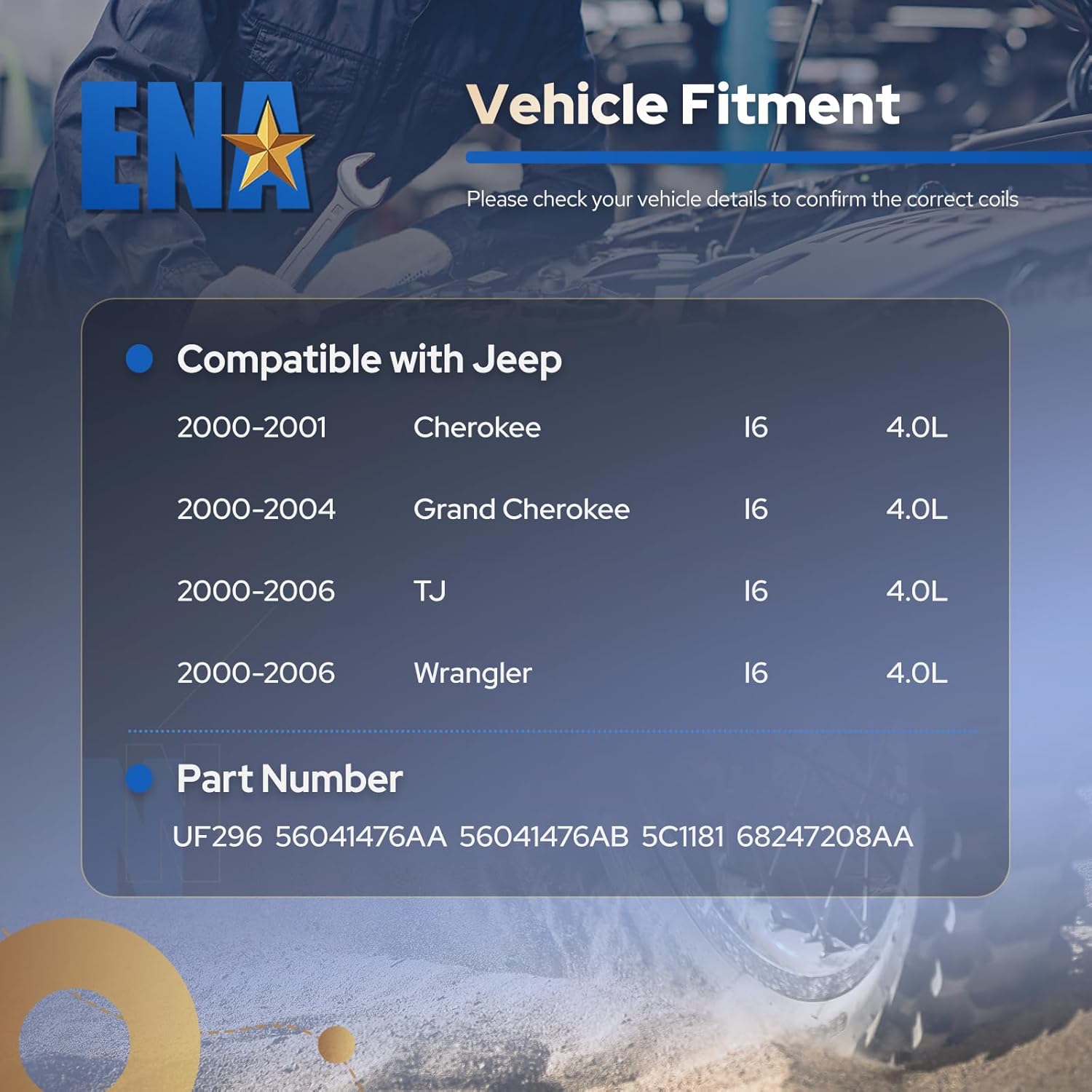 ENA Ignition Coil Pack 4.0 Compatible with Jeep 2000 2001 Cherokee, 2001-2004 Grand Cherokee, 2000 2001 2002 2003 2004 2005 2006 TJ Wrangler 4.0L L6 Replacement For 56041476AB 56041476AA C1263 UF296