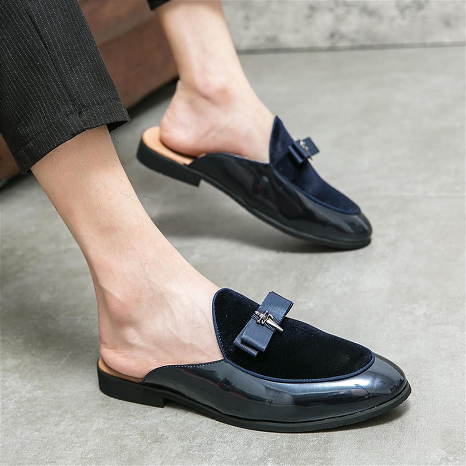 Men's Bowtie Patent Leather Slip-On Mules Slippers,Flats Stylish Formal Backless Loafers Work Slides Casual Half Loafers Sandals