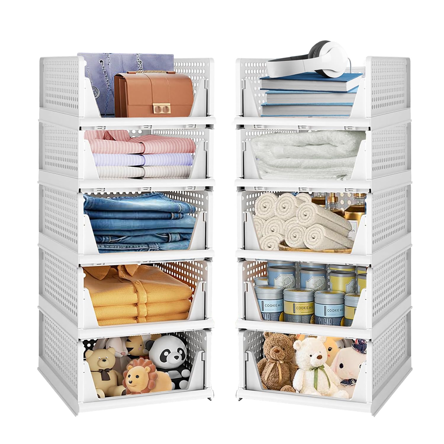 Pack of 10 Large Wardrobe Closet Organizers for Clothes | Foldable Stackable Multipurpose Storage Baskets | Cupboard Almirah Space Organizer with Adjustable Sliding Drawer Design