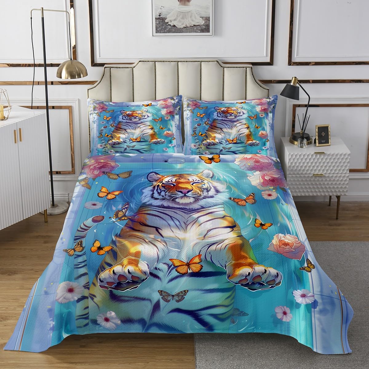 Kawaii Tiger Quilts Set for Kids,Wild Animals Bathing in Bathtub 2Pcs Bedspread Bedding Set,Dreamy Butterfly Flowers Bed Cover Set,Rustic Style Bedspread Coverlet with 1 Pillowshams (Twin Size)