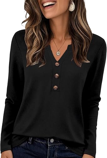 DouBCQ Womens Tops Long Sleeve V Neck Shirts Dressy Casual Blouses Trendy Basic Tunic Tees