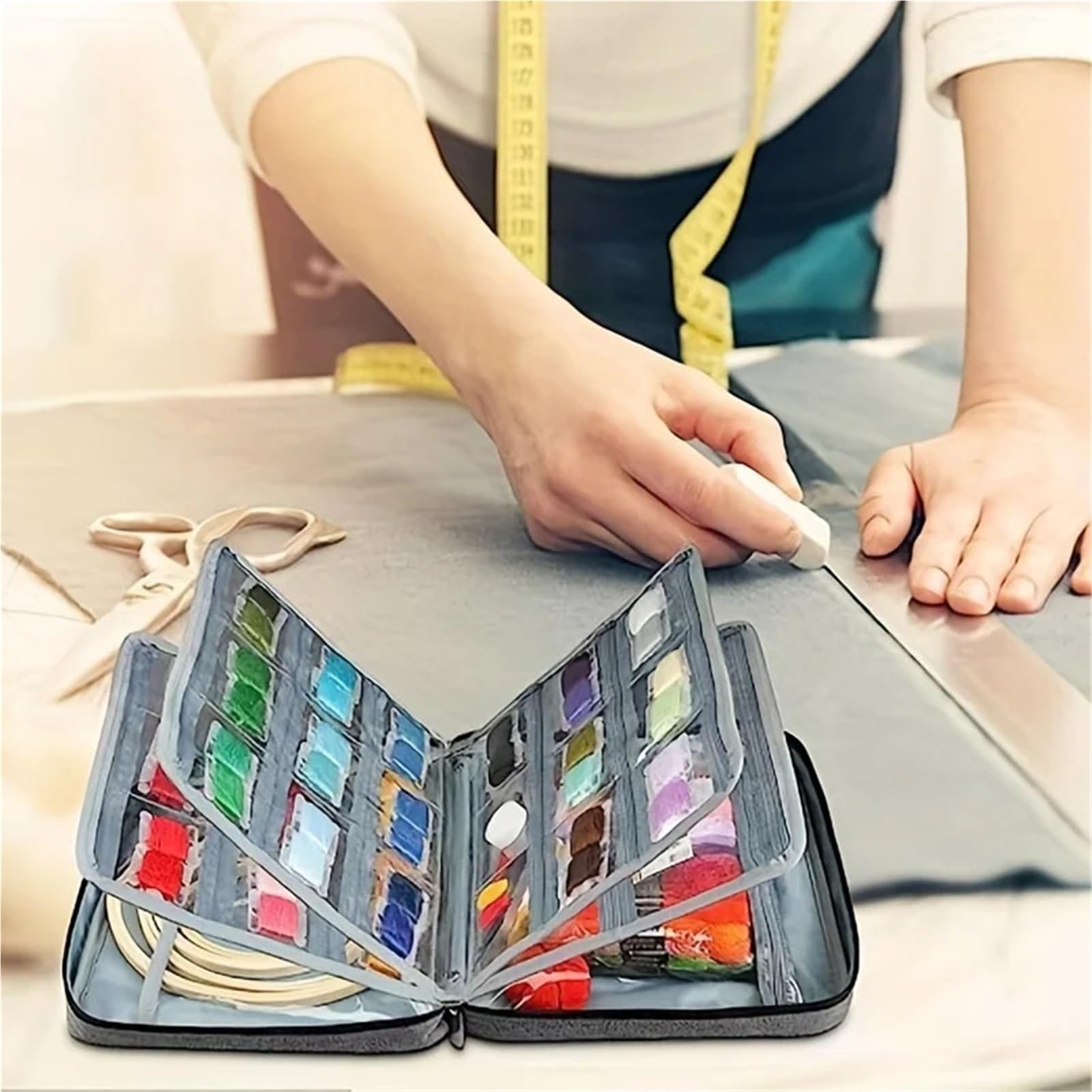 Caja de costura organizadora hilo bordar, con 4 compartimentos separados, bolsillo transparente, bordado multiusos, 1 ud