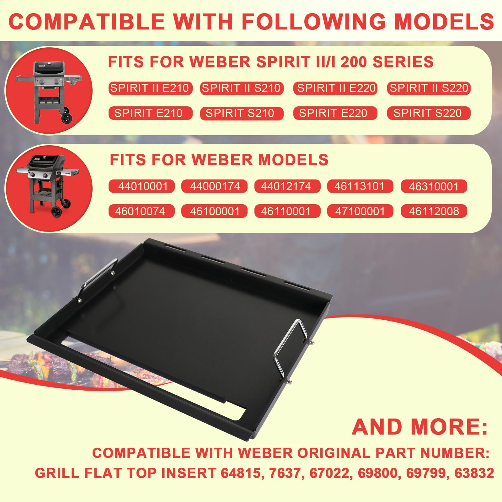Spirit 200 Plaquitas de plancha de tamaño completo para Weber GS4 Spirit II y I Serie 200 de 2 quemadores E-210 E-220 S-220 S-210 S-215 Piezas de parrilla de gas, placa de plancha de acero al carbono 5
