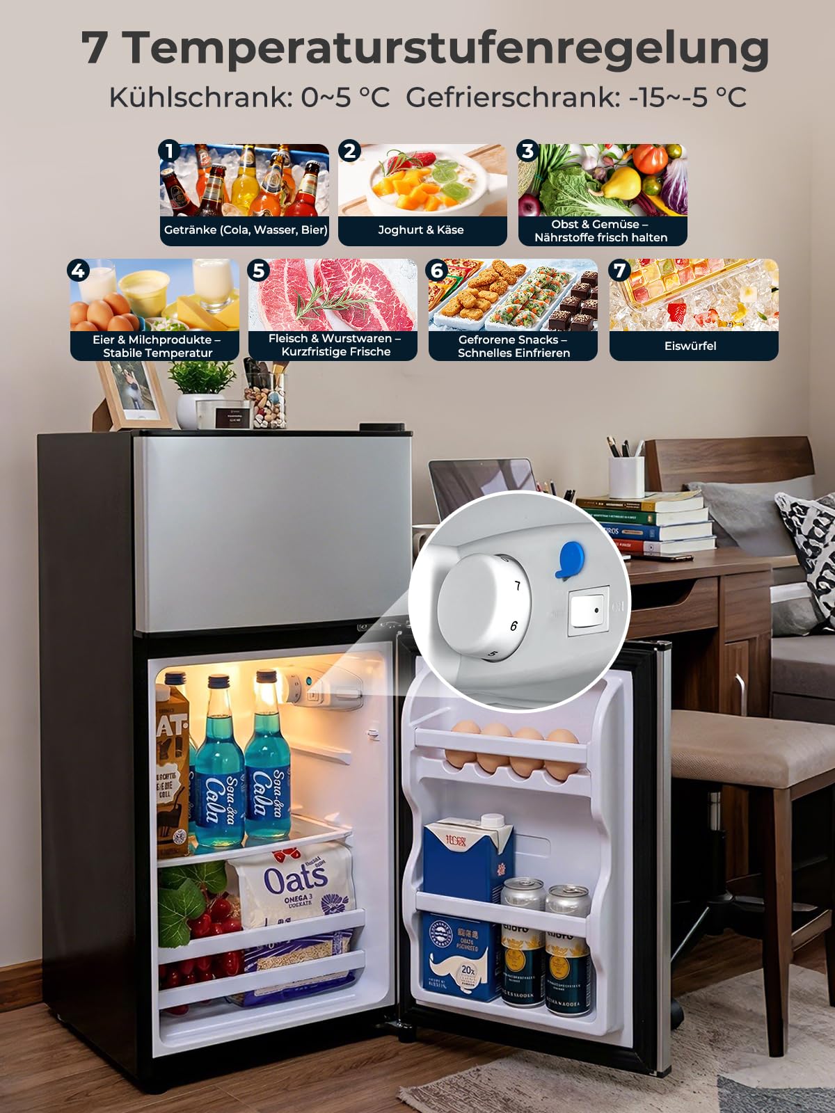 FOHERE Mini Frigorifero con Congelatore 76L, Frigo Piccolo Doppia Porta Silenzioso (50L+26L) per Camera da Letto e Monolocale, Mini Bar per Bevande e Gelati a Risparmio Energetico, 43dB