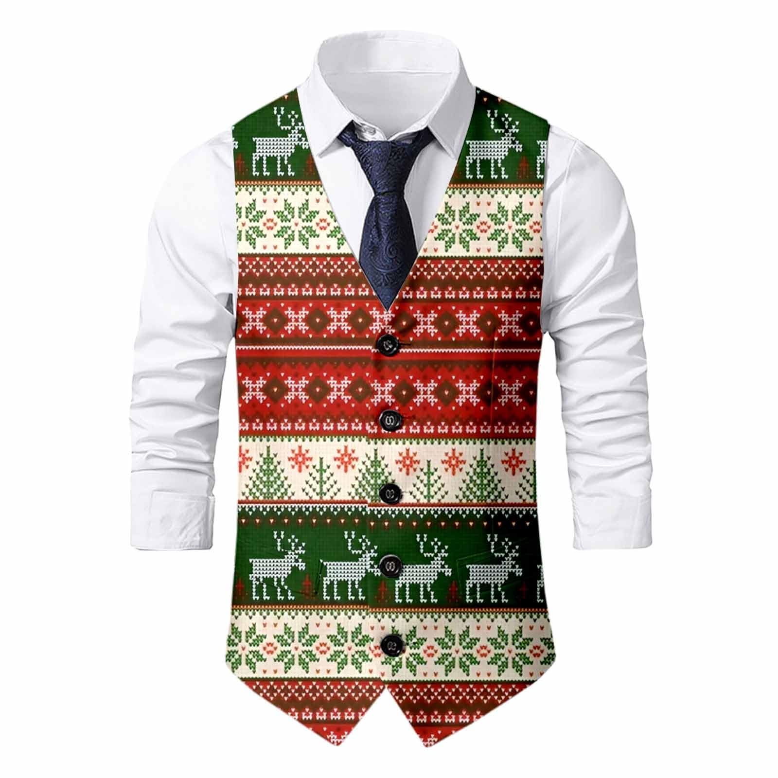 Christmas Waistcoat Mens Christmas Suit Vest un Waistcoat Fun Xmas Festive Happy Xmas Waistcoats V Neck Sleeveless Slim Fit Party Costumes Party Dress Up Vest Suit