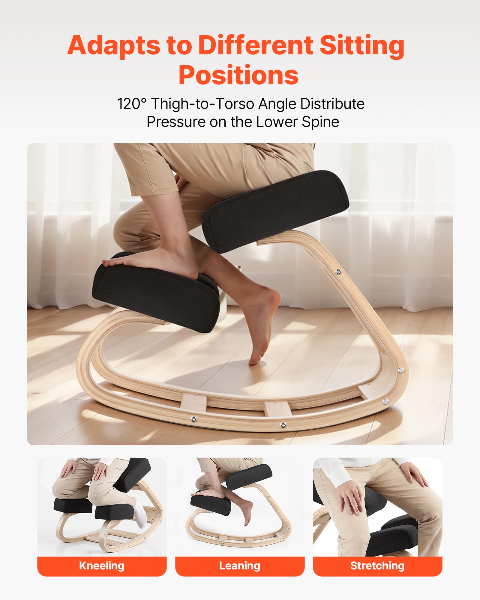 VEVOR Chaise à Genoux Ergonomique, Siège Assis Genoux avec Coussins en Mousse Épaisse, pour Maison, Bureau, Méditation et Yoga, Cadre en Bois Massif, Soulage Les Tensions du Cou et du Dos, Noire