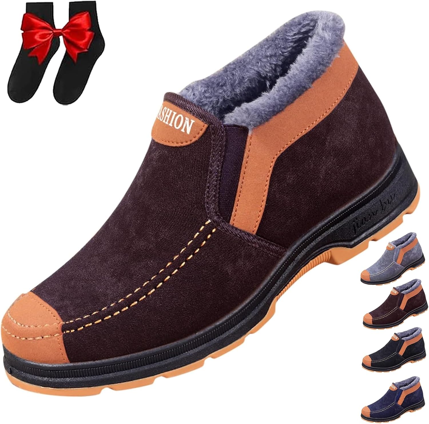 Mens Slip on Snow Boots,Men's Winter Thermal Fur Lined Snow Ankle Boots, Lightweight Non-Slip Snow Cotton Shoes,Lightweight Casual Walking Loafers for Middle-Aged and Elderly