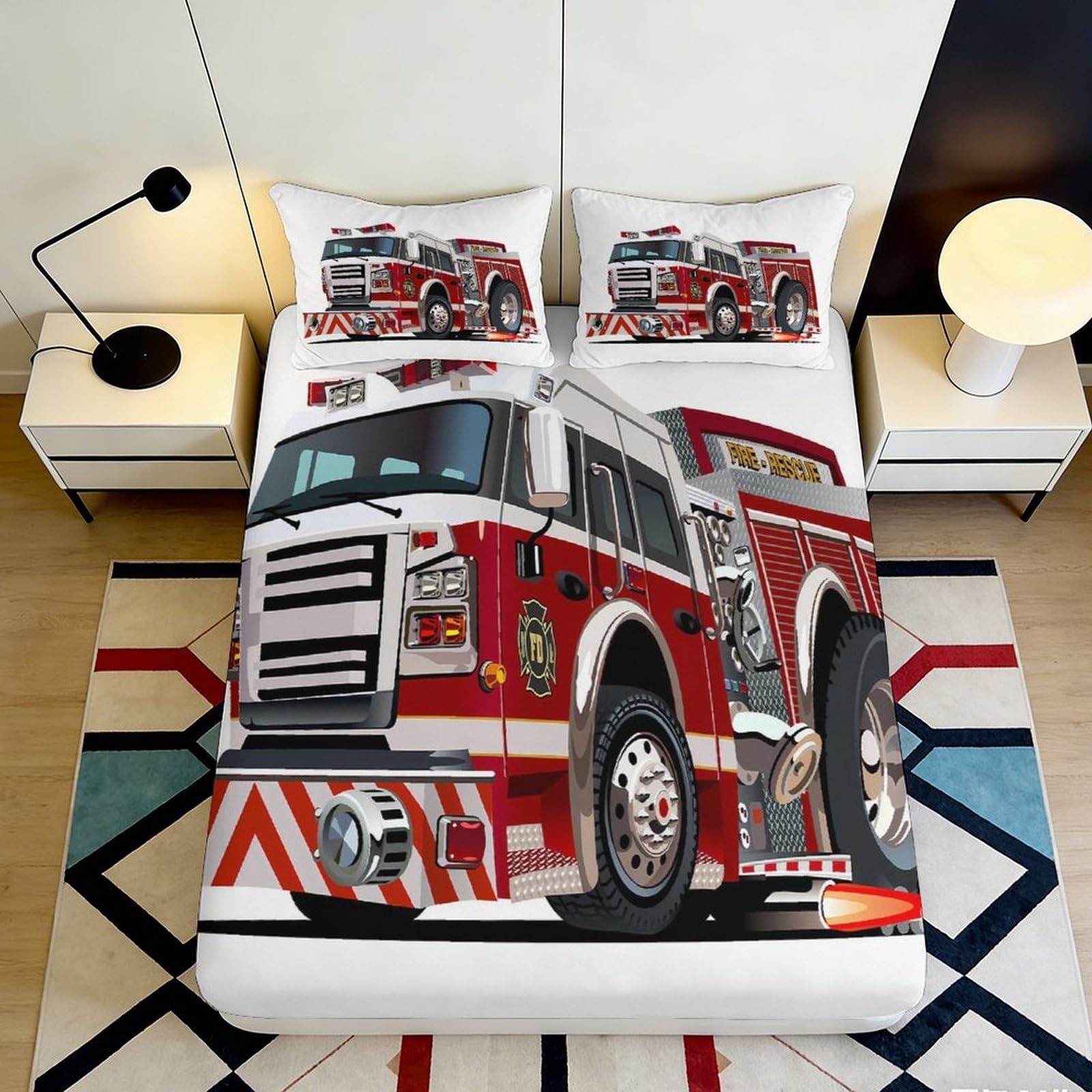 3D Printed Fire Truck Fitted Sheet Microfiber Durable Breathable Fire Engine Bed Cover for Bedroom Dormitory Guest Room Mattress Protection 140x200x25cm