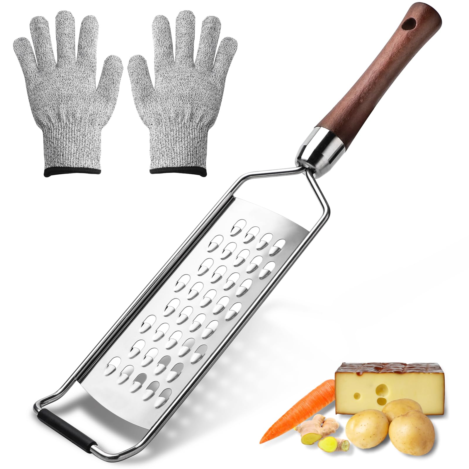 Cheese Grater Stainless Steel,Cheese Grater with Wooden Handle with Gloves Multi-functional lemon Grater Cheese Shredder For CheeseChocolateFruits Vegetables Ginger (style1)