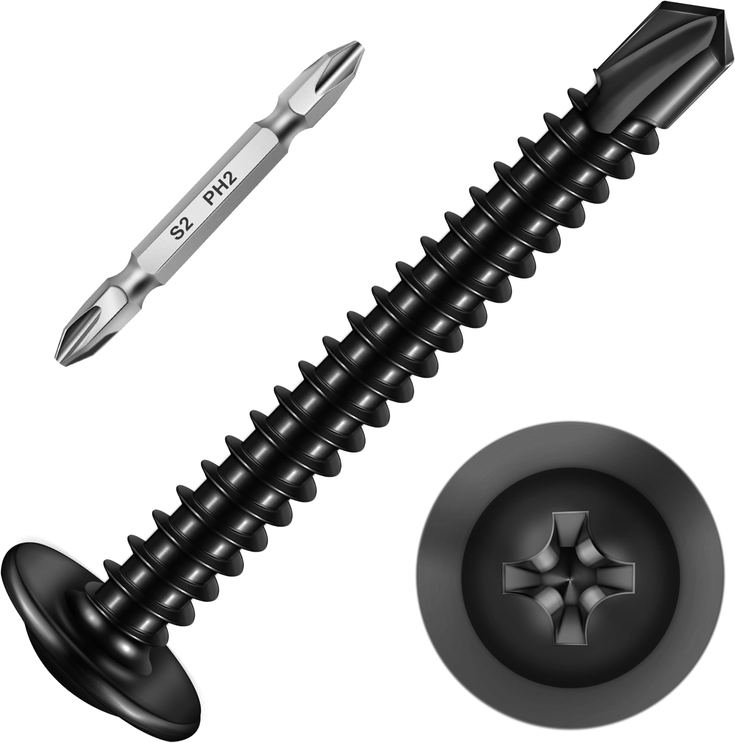 Mywish 150Pcs #8ร1-1/2" Black Self Tapping Screws for Metal, Sheet Metal Screws 410 Black Oxide Stainless Steel Truss Head Self Drilling Screws High-Strength