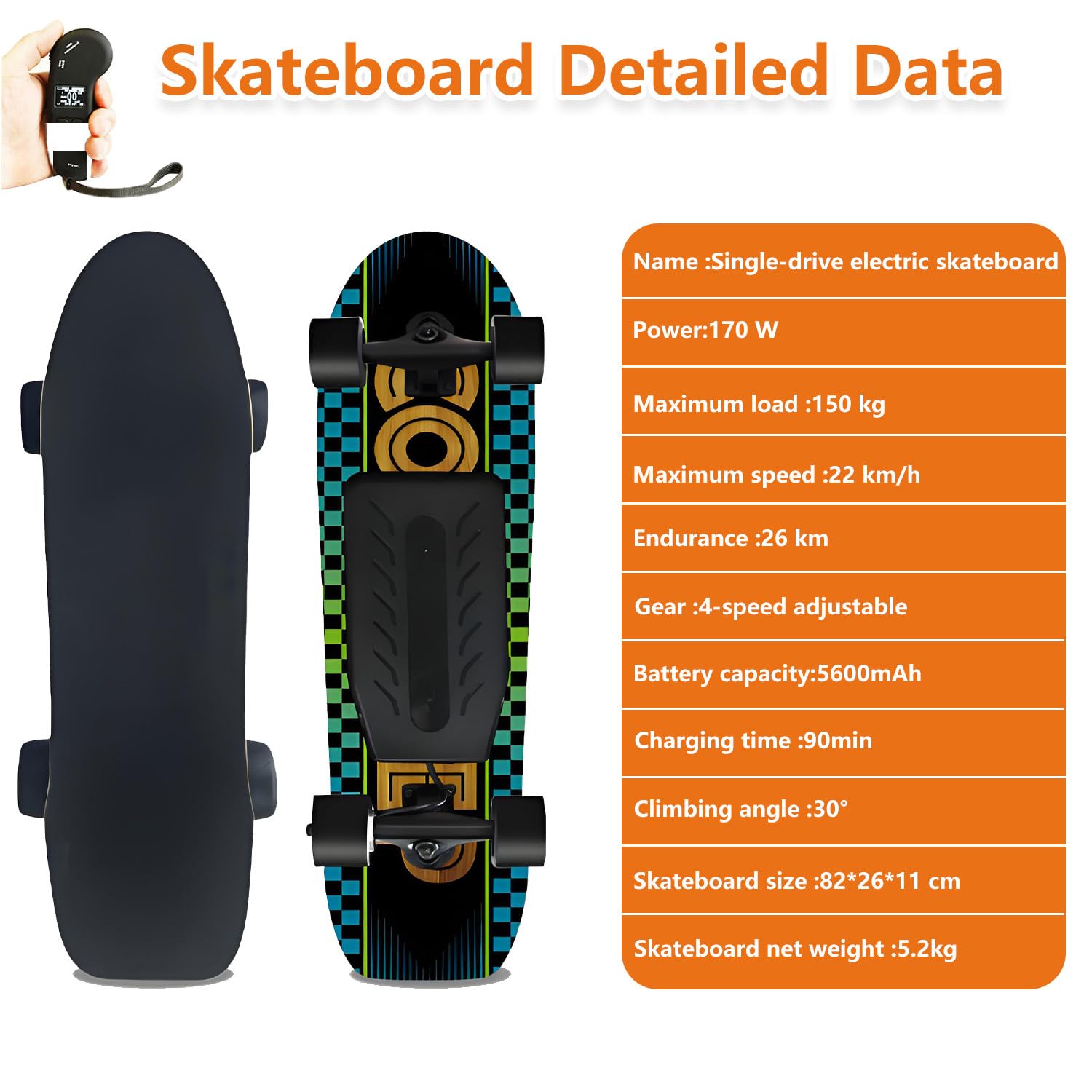 Skateboard électrique avec télécommande, charge maximale 150 kg, portée max 26 km, vitesse maximale 22 km/h, idéal pour adultes et adolescents, parfait pour les débutants