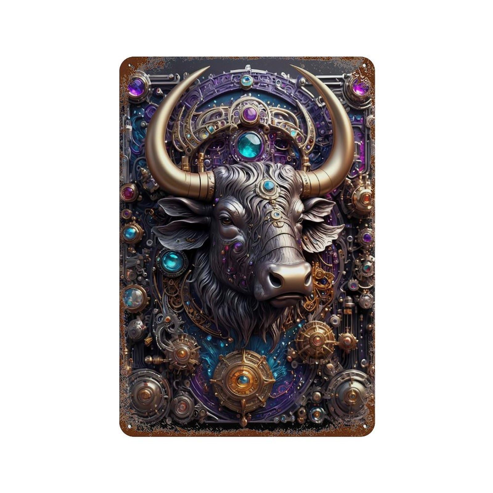Cybernetic Steampunk Bull Decorative Tin Sign 11.8"x7.9", Vintage Wall Decor for Garage, Pub Or Kitchen