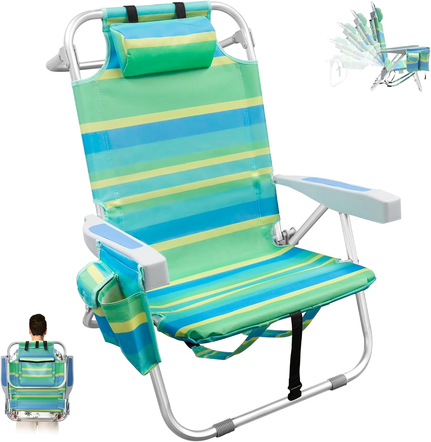 Low Beach Chair for Adults,5 Position Lay Flat, Portable Folding Aluminum Reclining Backpack Beach Chairs Heavy Duty with Cup Holder, Large Pocket for Outdoor/Lawn/Picnic/Fishing
