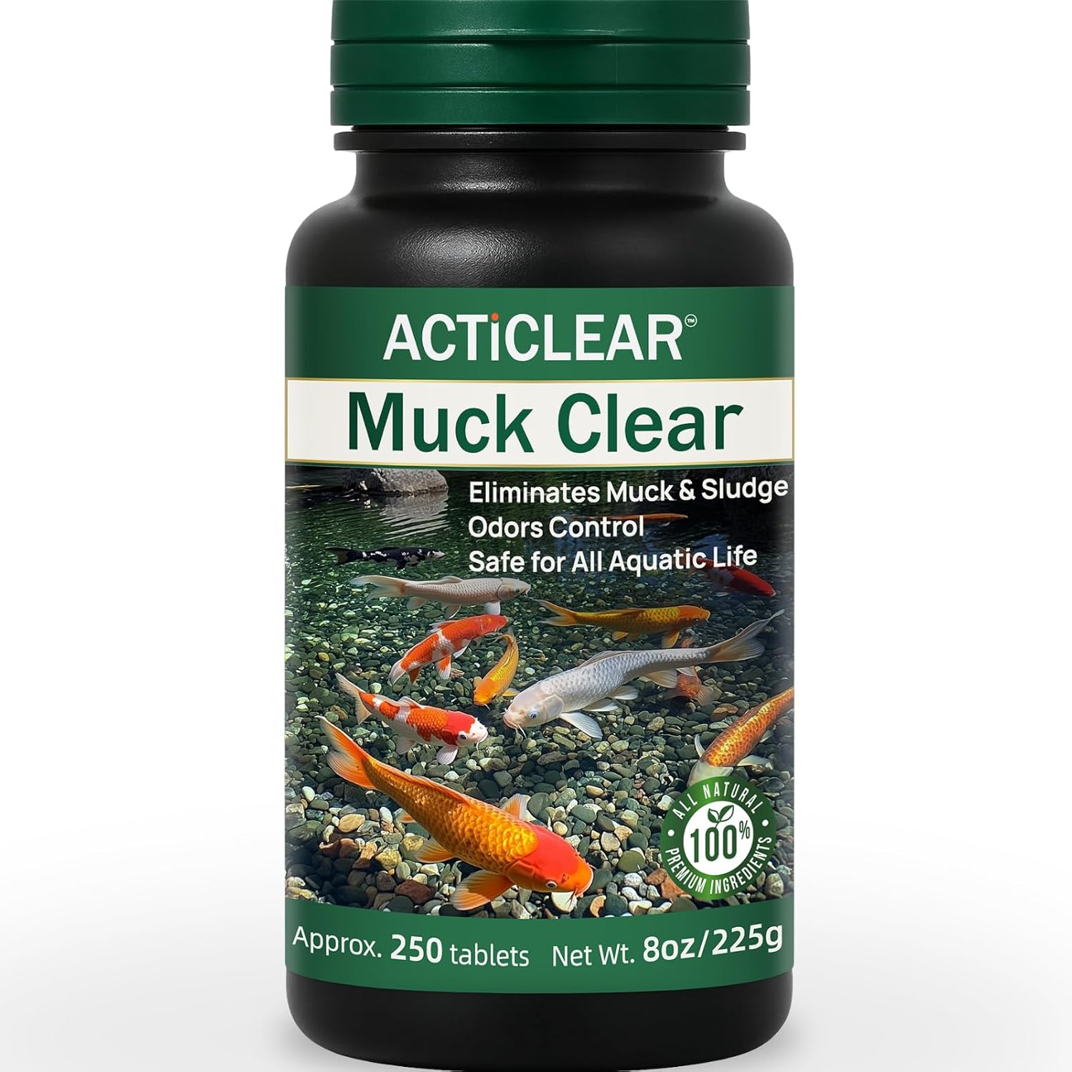 Muck Clear – Natural Pond Sludge Treatment, 250 Tablets for Ponds, Fountains & Bird Baths, Beneficial Bacteria & Enzymes, Chemical-Free & Safe for Fish, Pets & Wildlife