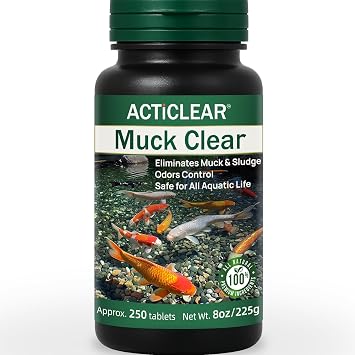 Muck Clear Natural Pond Sludge Treatment, 250 Tablets for Ponds, Fountains & Bird Baths, Beneficial Bacteria & Enzymes, Chemical-Free & Safe for Fish, Pets & Wildlife