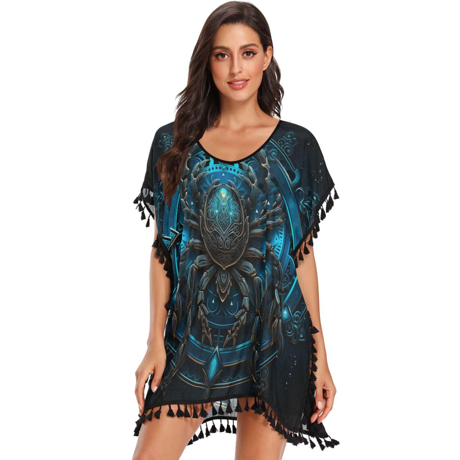 KAAVIYO Mystic Blue Dark Scorpion Women's Beach Cover Up Chiffon Tassel Swimwear Swimsuit Coverups for Girl