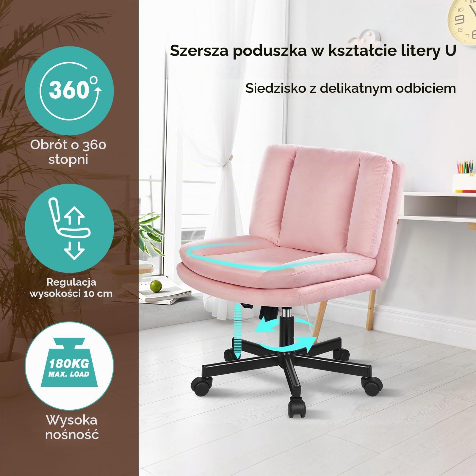 ALFORDSON Krzesło biurowe z szerokim siedziskiem i skrzyżowanymi nogami, regulowane krzesło biurowe bez podłokietników, kółka, krzesło do toaletki, obrotowe krzesło komputerowe, oparcia, tekstylia