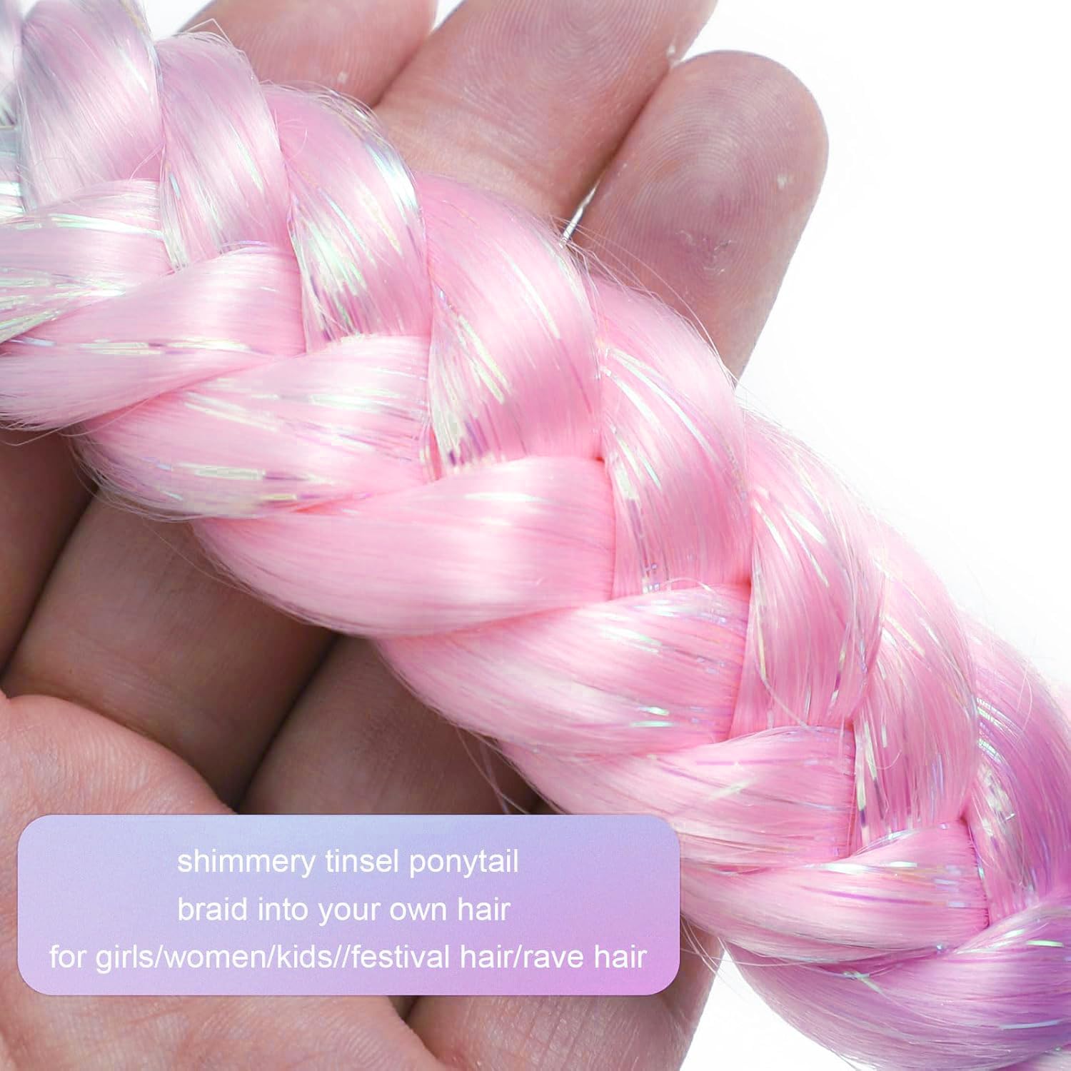 PORSMEER 3 Pack 24 Inch Hair Tinsel Colored Braided Ponytail Extension Gradient Hair Extensions with Elastic Tie Straight Sleek Wrap Around Hair for Braids (Pink) - Image 3