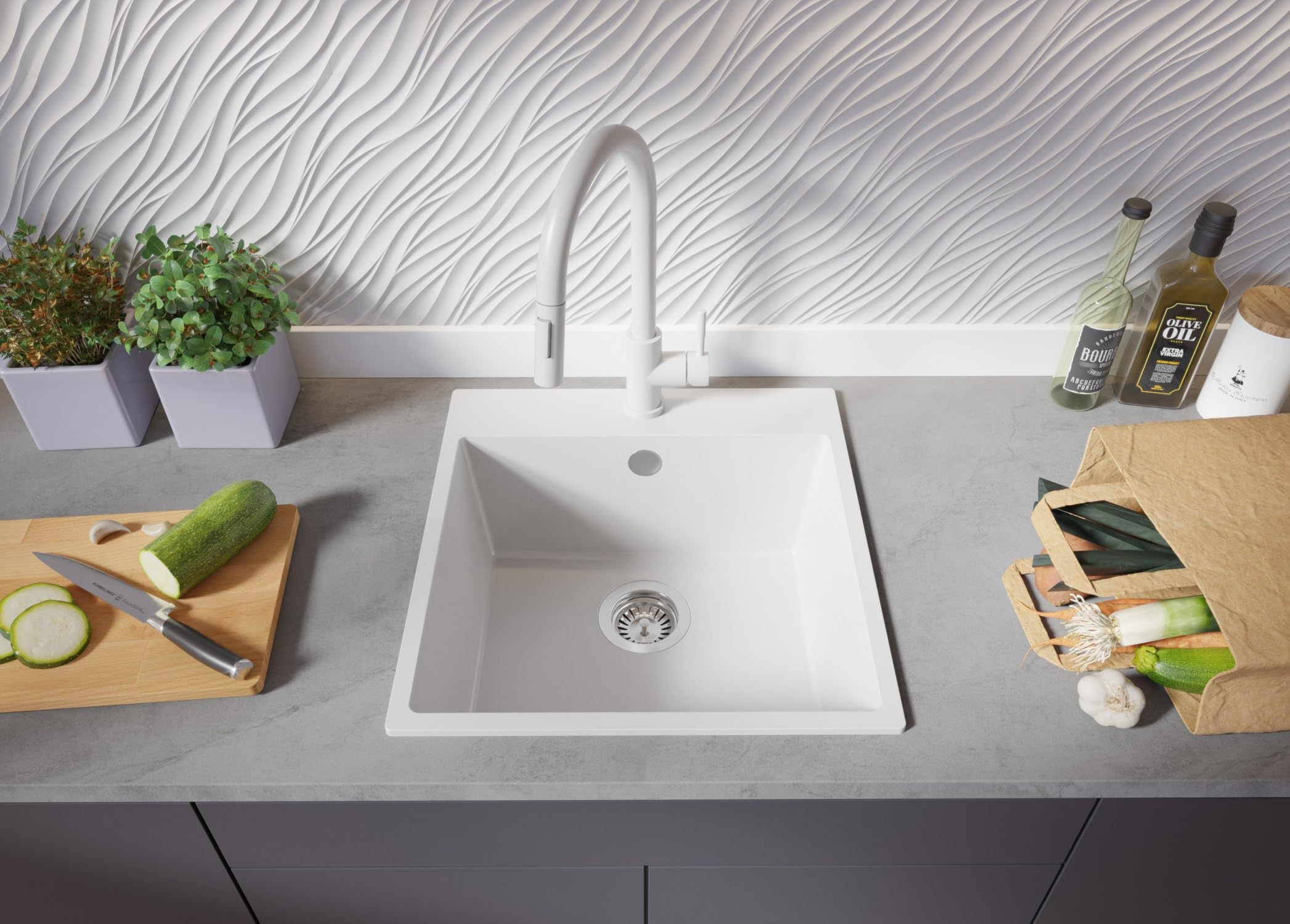 PRIMAGRAN Fregadero Granito Blanco 48x50cm, Cocina 1 Seno + Grifo 32x20cm + Sifón, Sobre Encimera al Mueble 50cm - Riga S227