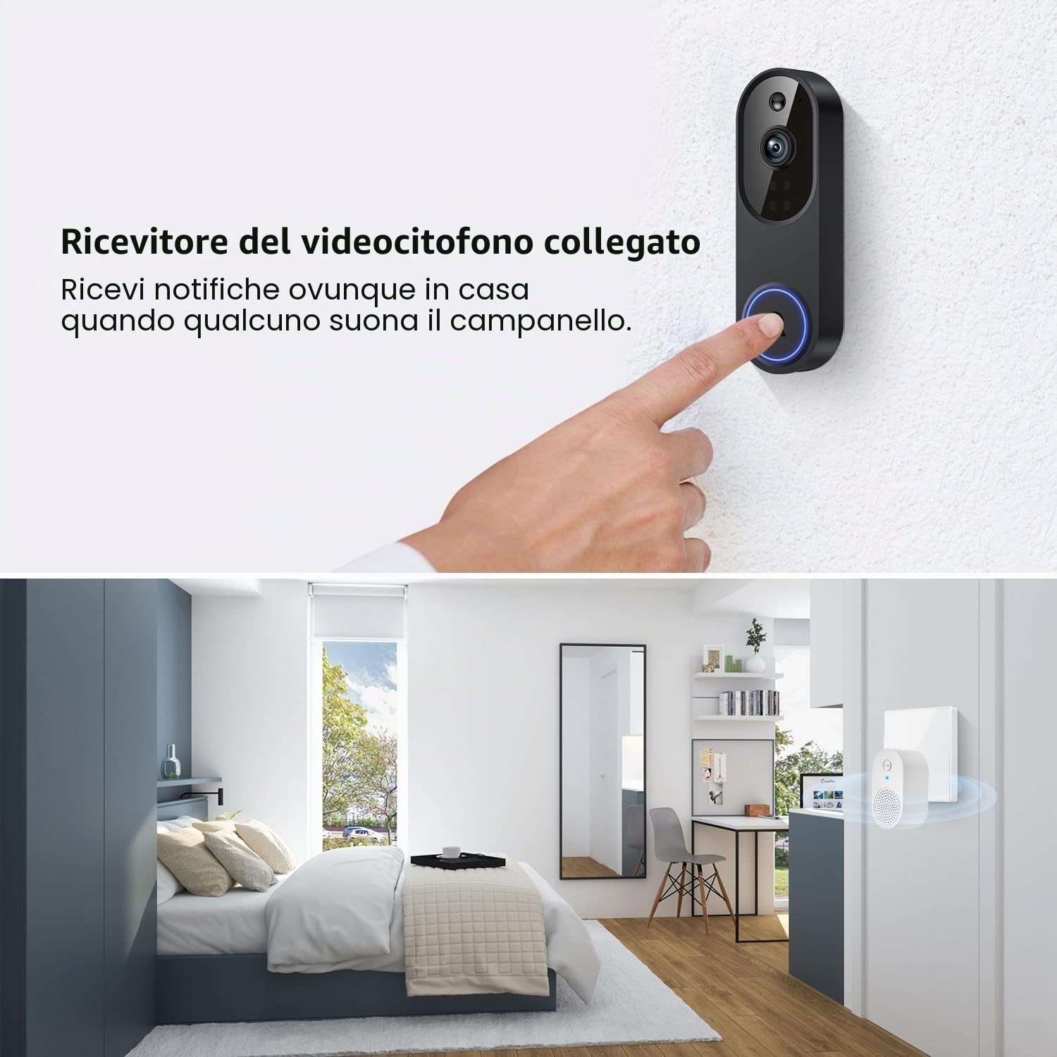 1080P Videocitofono WiFi senza fili, rilevamento umano AI, conversazione a 2 vie, Wi-Fi 2,4G, alimentato a batteria, archiviazione cloud, sorveglianza interna ed esterna (con ricevitore)