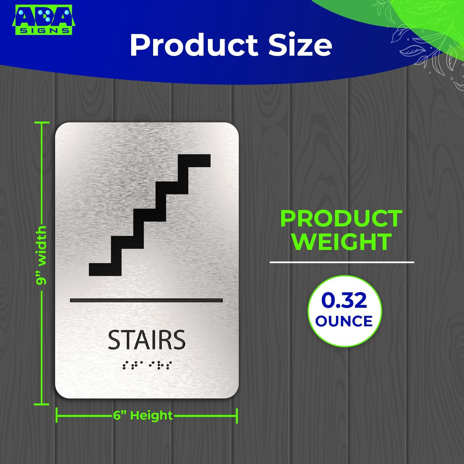 ADASigns Stairs Sign 6" x 9" Durable Brushed Aluminum with Grade 2 Braille – Easy Installation with Strong Adhesive Tape – ADA Compliant Stair Sign for Home, Office, Restaurants & Retail Stores