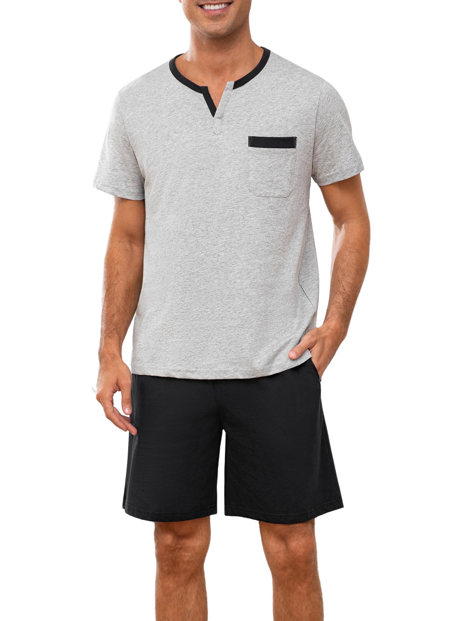 Winovia Herren Schlafanzug Kurz aus 100% Baumwolle - Sommer Nachtwäsche Set mit V-Ausschnitt & Brusttasche, Weich Atmungsaktiv Hausanzug Männer Zweiteilig, Kurzarm Shirt & Schlafshorts