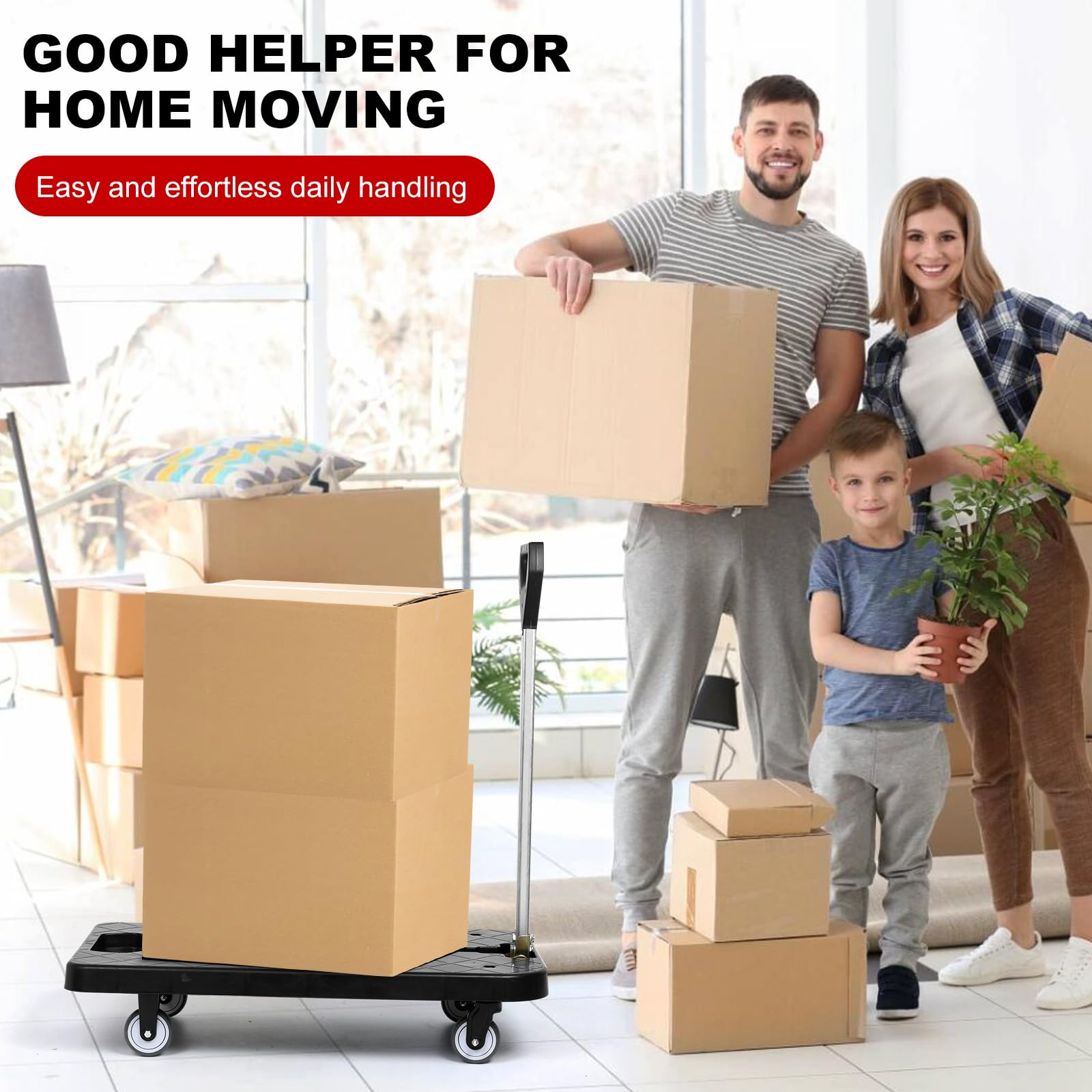 Carretilla de mano plegable, carrito de equipaje resistente de 600 libras, carrito de plataforma utilitaria de 29 x 16 pulgadas con 4 ruedas TPR y 2 cuerdas elásticas para mudanza, compras, uso de