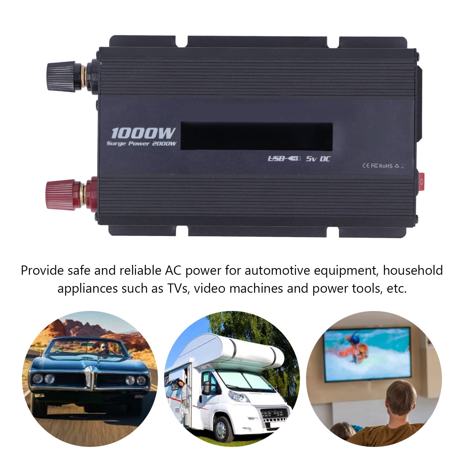 Convertitore di alimentazione CC-CA da 1000 W per inverter per auto, adattatore per auto con raffreddamento ad aria intelligente a protezione multipla