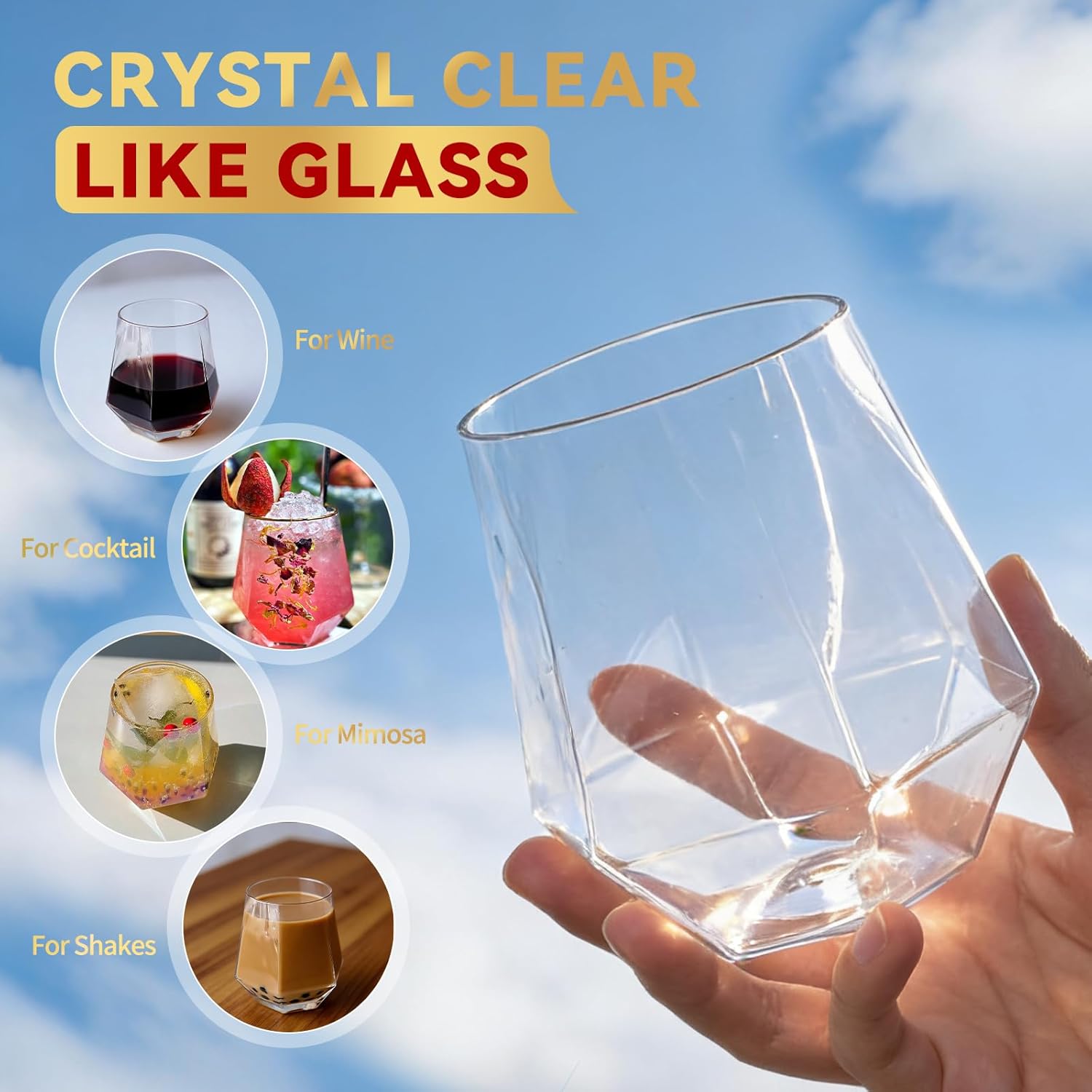 40 Pack Diamond Unbreakable Stemless Plastic Wine Glasses Disposable Clear Cocktail Champagne Whiskey Glasses 12oz Elegant Durable Reusable Cups Indoor Outdoor Ideal for Wedding Bars Party Home - Image 5