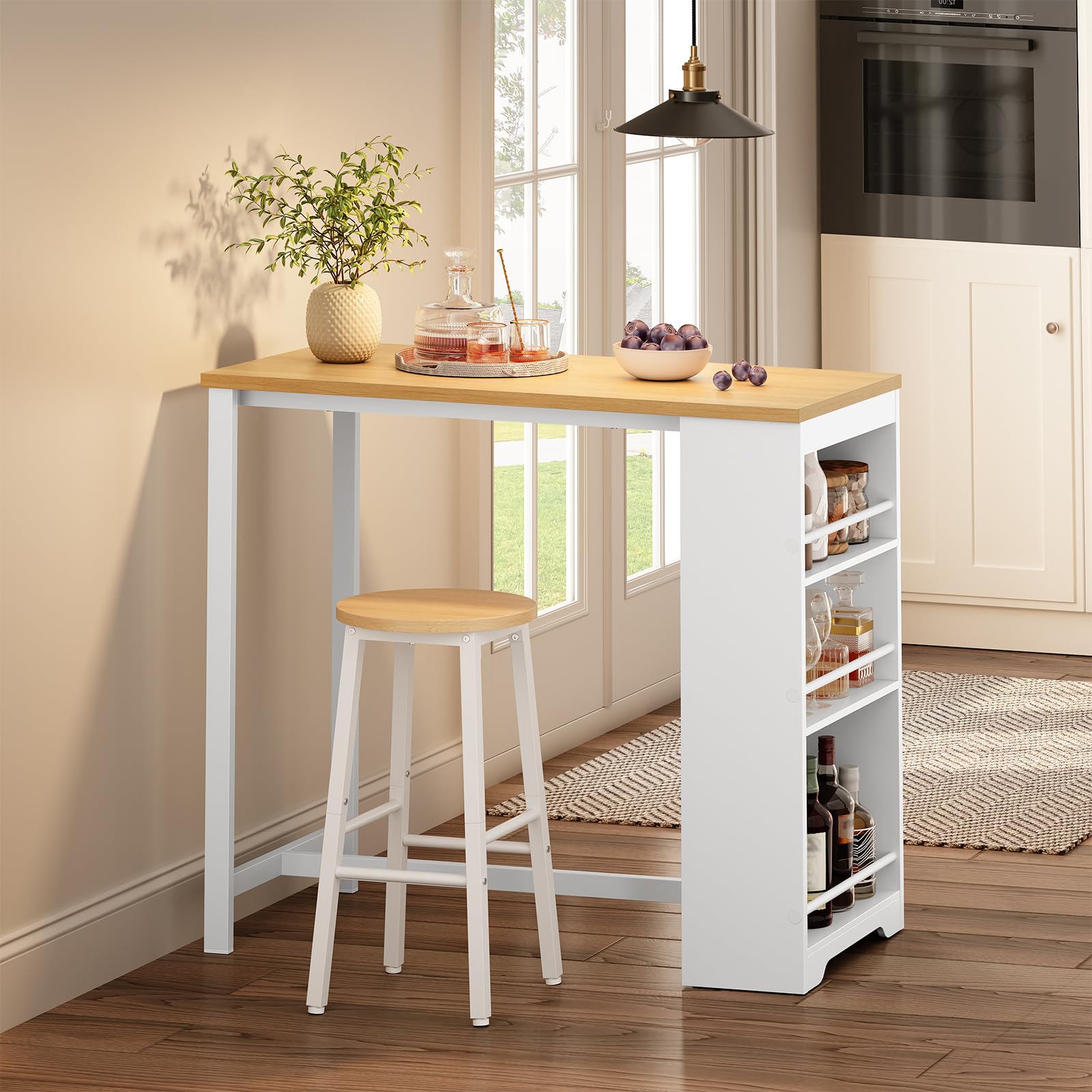 HOOBRO Bartisch Küche, Stehtisch mit 3 Ablageflächen, Küchentheke, Bistrotisch, Esstisch, 100 x 50 x 100 cm, für Bar, Küche, Wohn- und Esszimmer, Weiß und Naturfarbe EWN11BT01