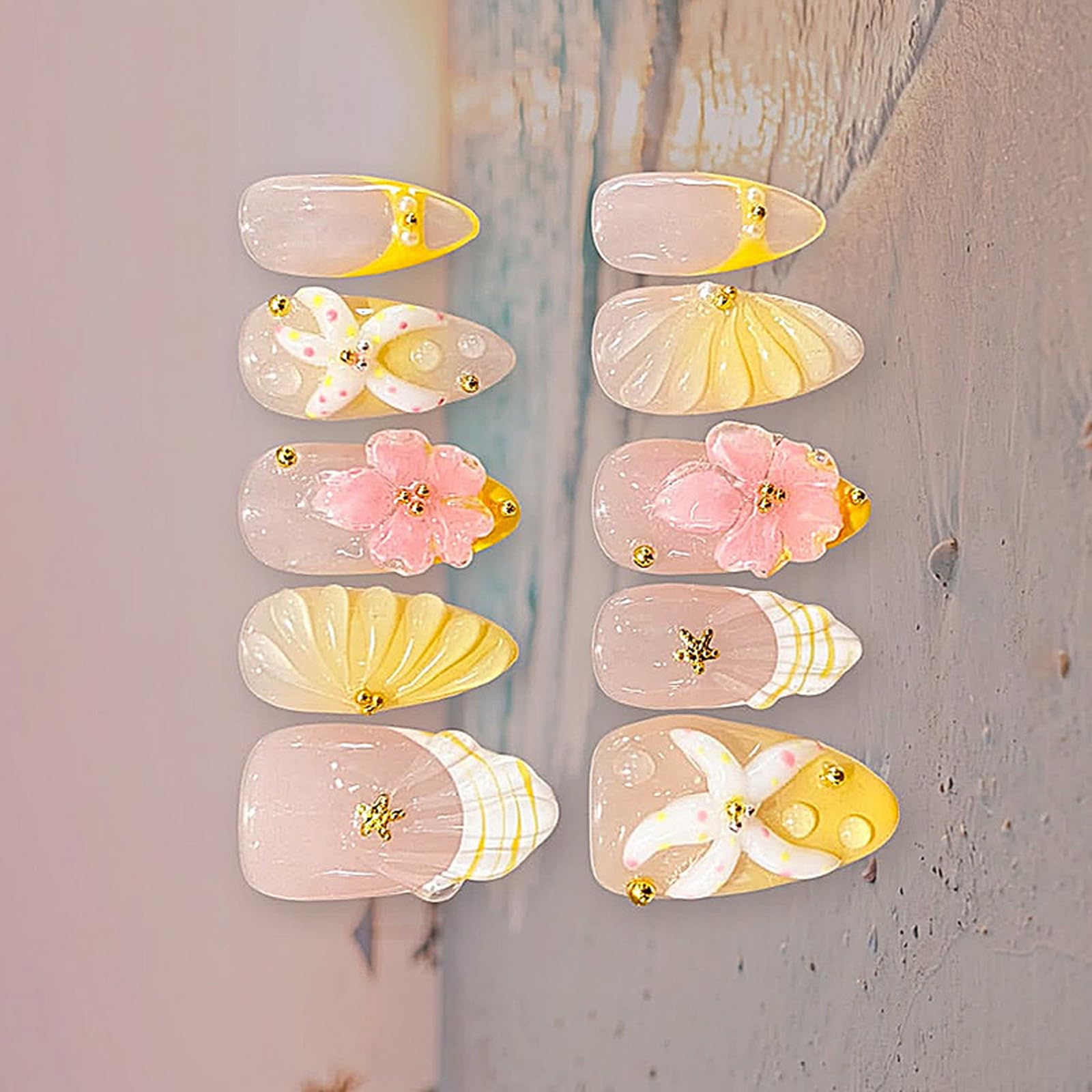 fexxkg False Manicure Tips Almond Shape French Nails, Glossy Nude Pink Tips with 3D Flower Accents, Adhesive Tabs