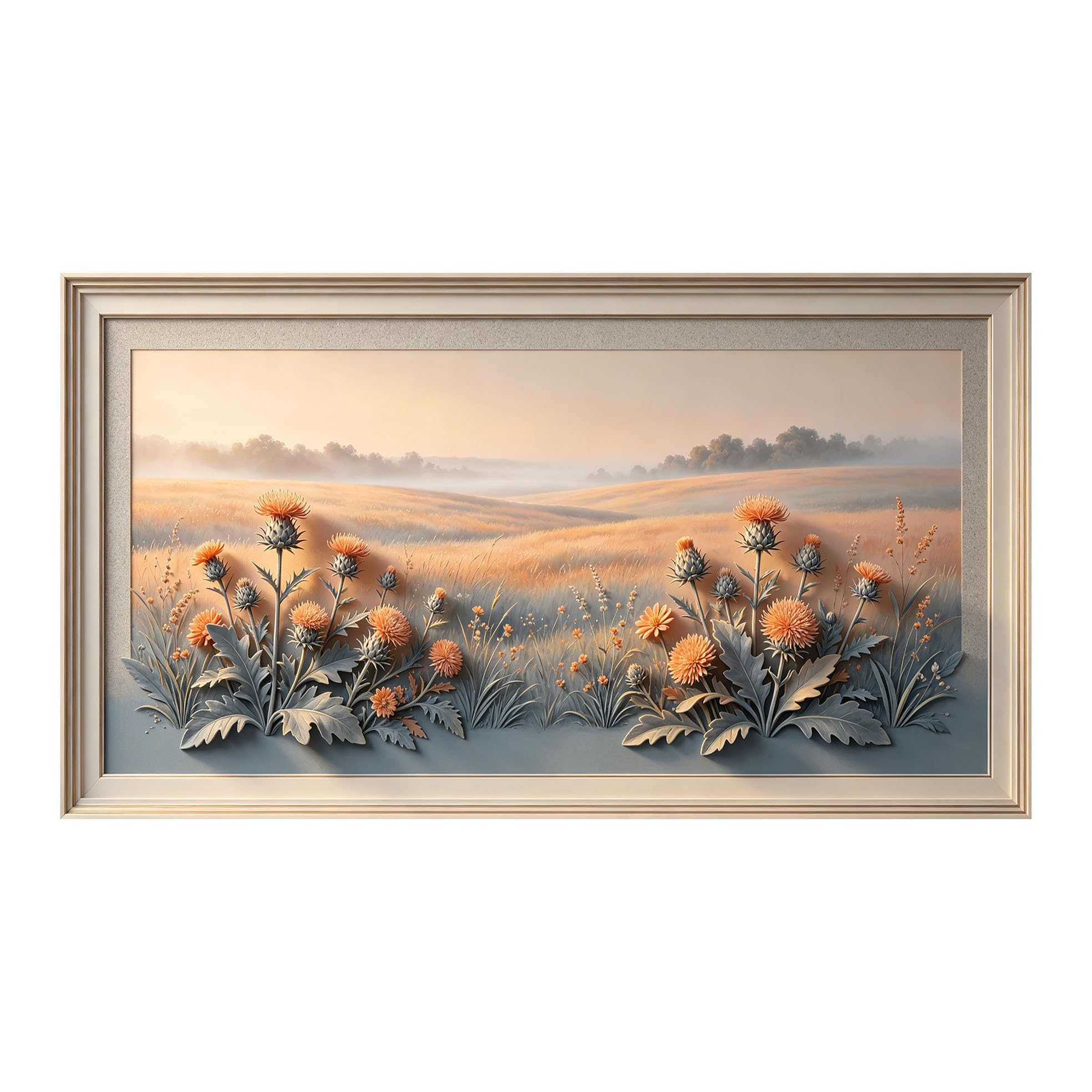 Yzpallescene 3D Framed Wall Art 50cm×100cm Meadow Thistle Flower Botanical Relief Effect Large Size SelfAdhesive Removable Wall Decor Prints Artwork for Living Room Bedroom Office