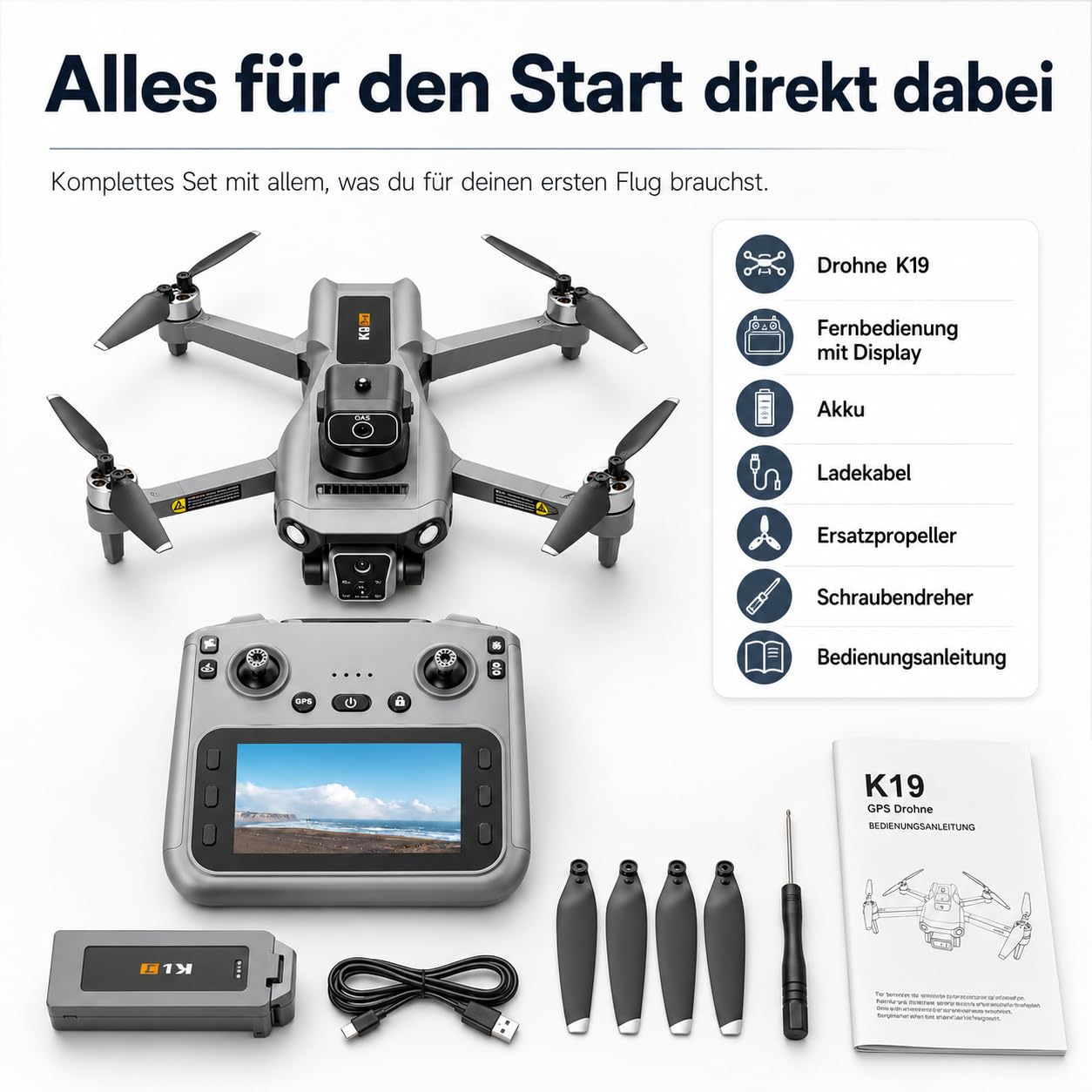 K19 GPS Drohne mit 4K Kamera, Fernbedienung mit Live-Display, 600m Reichweite, 360° Hindernisvermeidung, Follow-Me, Auto-Return, Bürstenlose Motoren, 40 Min Flugzeit