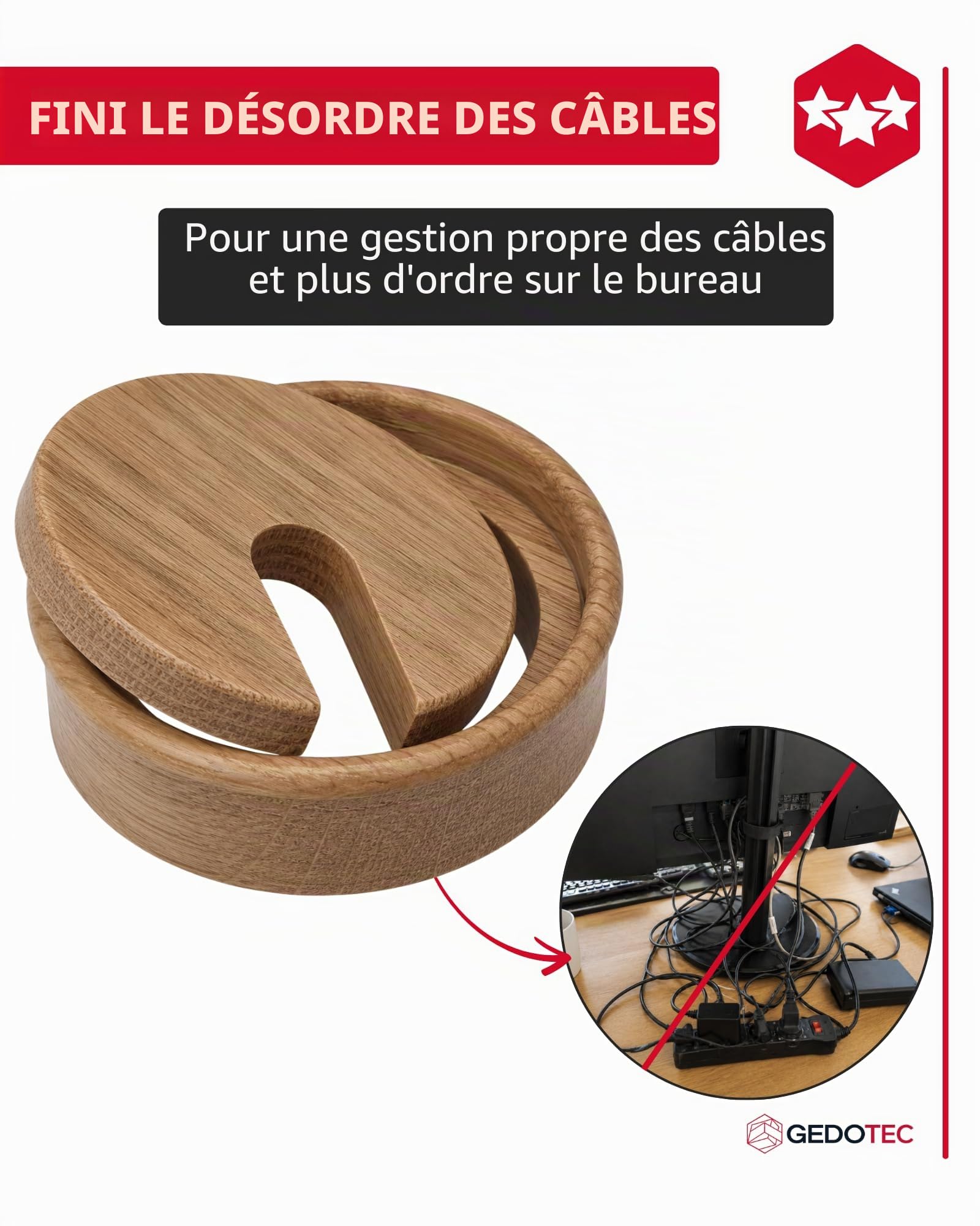 Gedotec Passage de câbles en chêne laqué | Plain | 2 passages de câbles Ronds | Prise de câble Ø de perçage 80 mm | Passage de câbles à Coller dans Le Plan de Travail