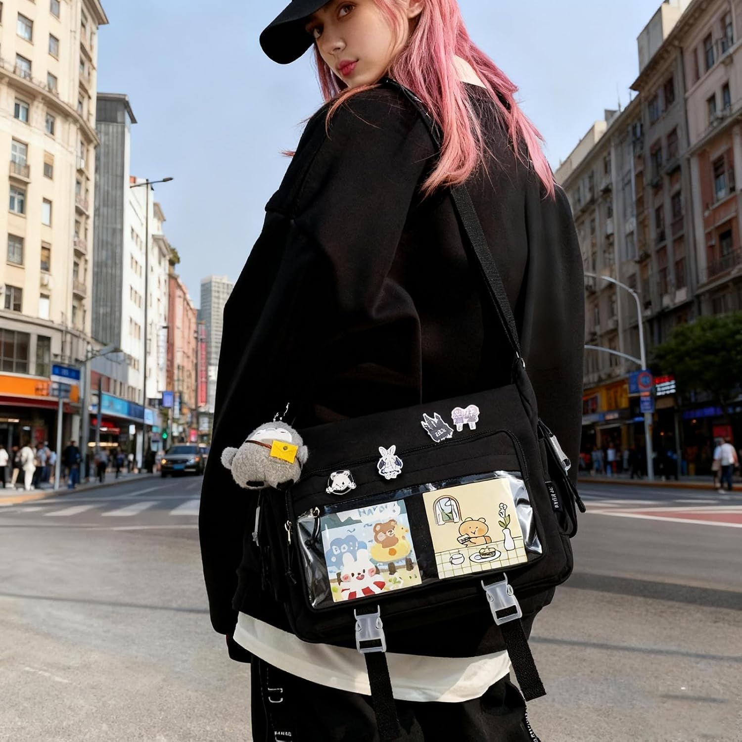 Kawaii Crossbody Ita Bag for Women with Pin and Plush Penguin, Cute Messenger Bag Japanese Crossbody Bag Y2K Purse